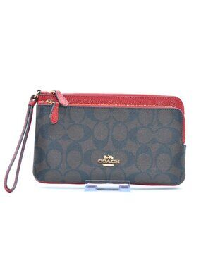 Coach Brown Signature & Red Double Zip Leather Wristlet